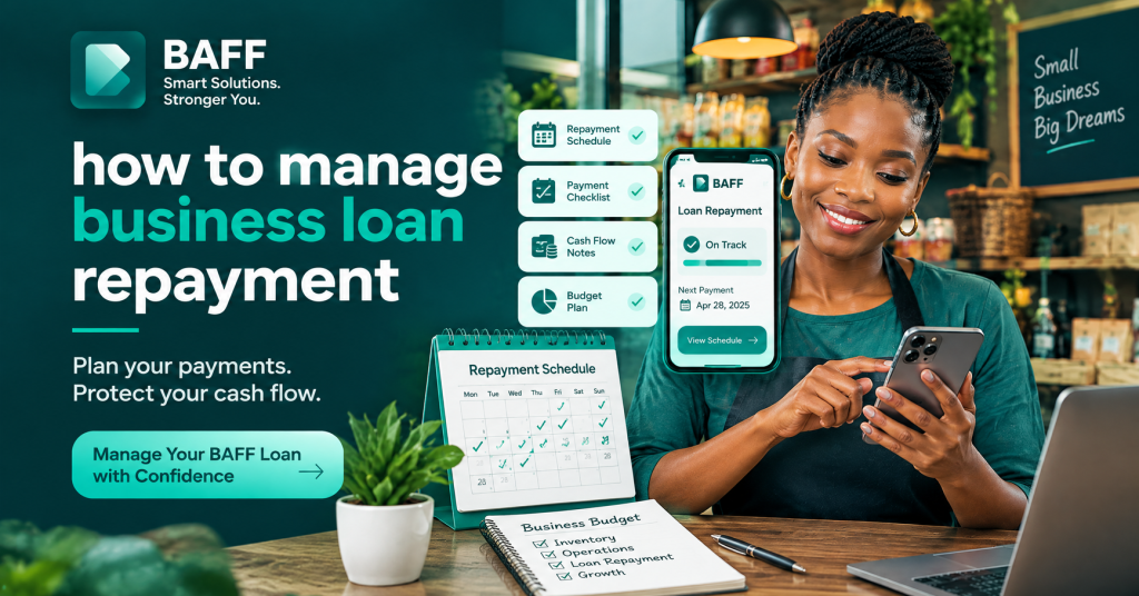 Nigerian small-business owner reviewing a business loan repayment plan and cash-flow notes