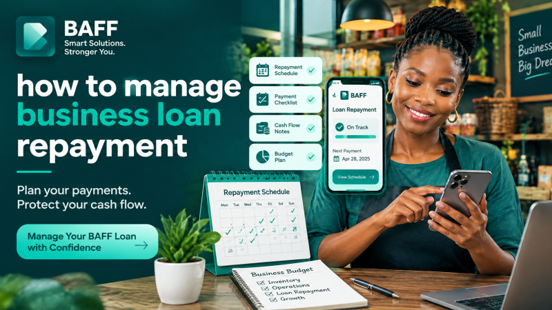 Nigerian small-business owner reviewing a business loan repayment plan and cash-flow notes