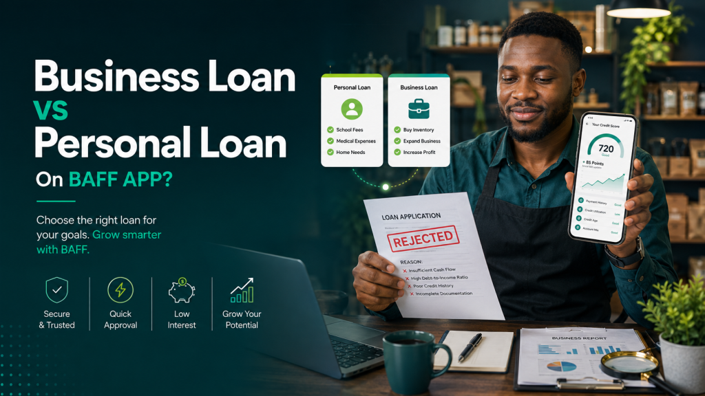 Nigerian entrepreneur comparing personal and business loan options on a mobile finance app